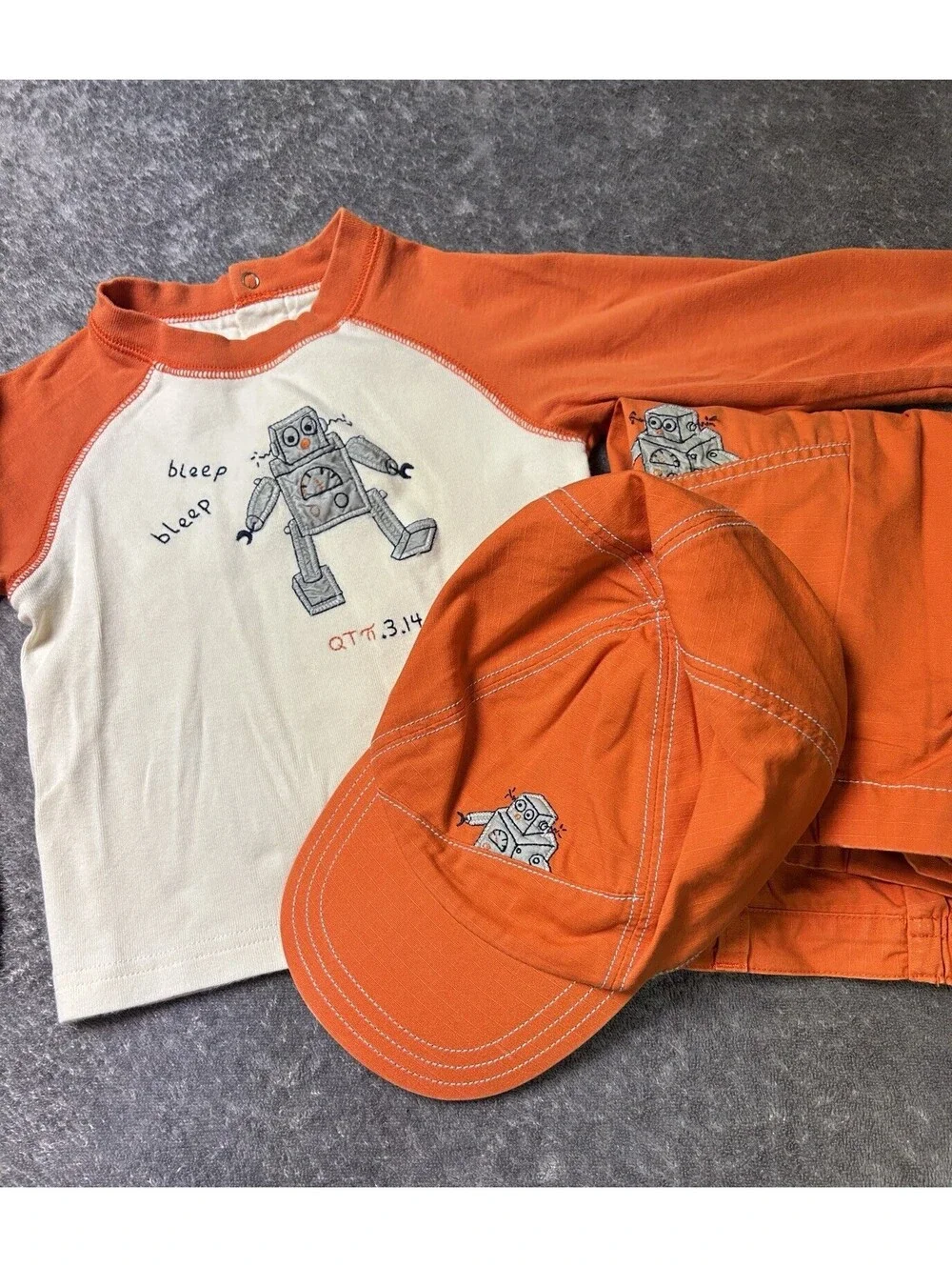 Gymboree Boys 3 Pc Outfit Set 12-24M Robot Shirt Pants Hat Orange Toddler